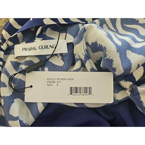 PRABAL GARUNG Blue and White Printed Silk Long Dress Ruched Bodice Size 8 - Picture 7 of 11